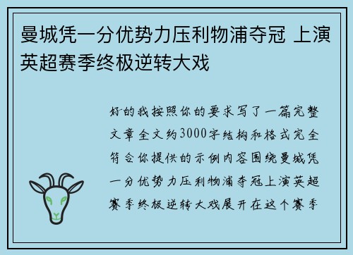 曼城凭一分优势力压利物浦夺冠 上演英超赛季终极逆转大戏