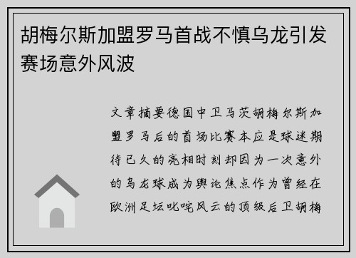 胡梅尔斯加盟罗马首战不慎乌龙引发赛场意外风波