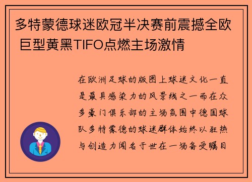 多特蒙德球迷欧冠半决赛前震撼全欧 巨型黄黑TIFO点燃主场激情
